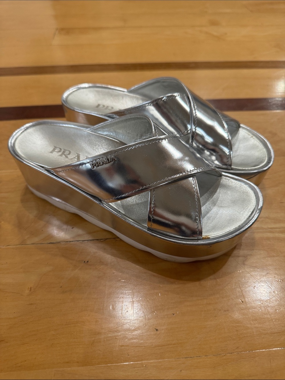 Prada Metallic Silver Platform Slide Sandals